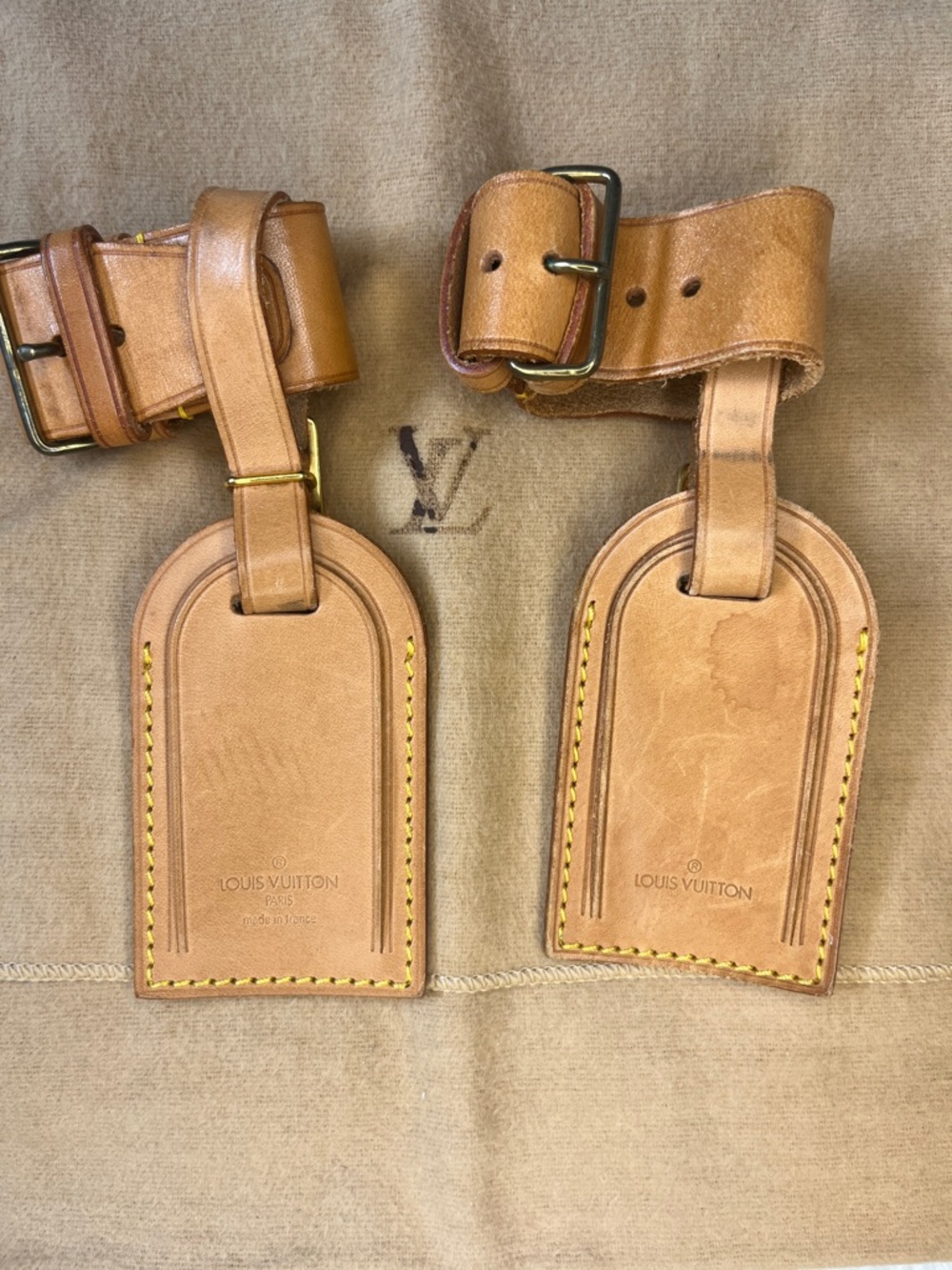 Louis Vuitton Tan Leather Luggage Tag Pair with Gold-Tone Buckles